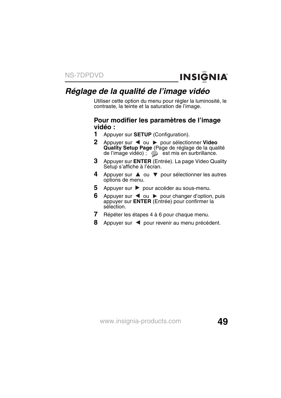 Réglage de la qualité de l’image vidéo | Insignia NS-7DPDVD User Manual | Page 51 / 100