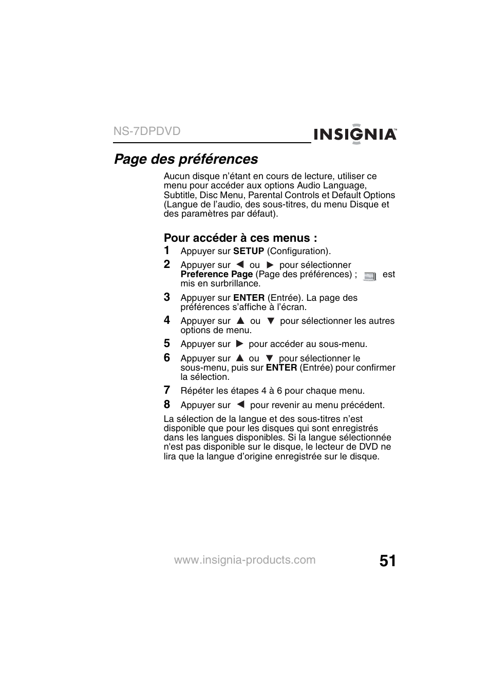 Page des préférences | Insignia NS-7DPDVD User Manual | Page 53 / 100