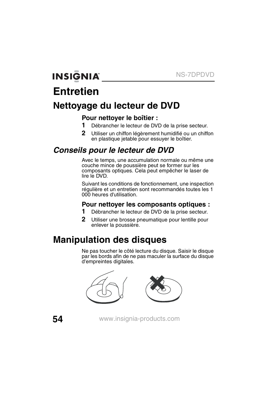 Entretien, Nettoyage du lecteur de dvd, Manipulation des disques | Conseils pour le lecteur de dvd | Insignia NS-7DPDVD User Manual | Page 56 / 100