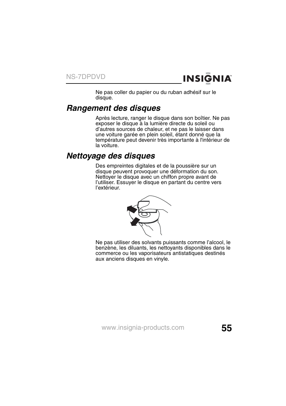 Rangement des disques, Nettoyage des disques | Insignia NS-7DPDVD User Manual | Page 57 / 100