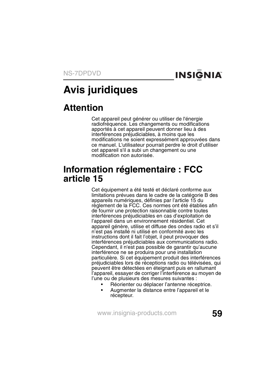 Avis juridiques, Attention, Information réglementaire : fcc article 15 | Insignia NS-7DPDVD User Manual | Page 61 / 100