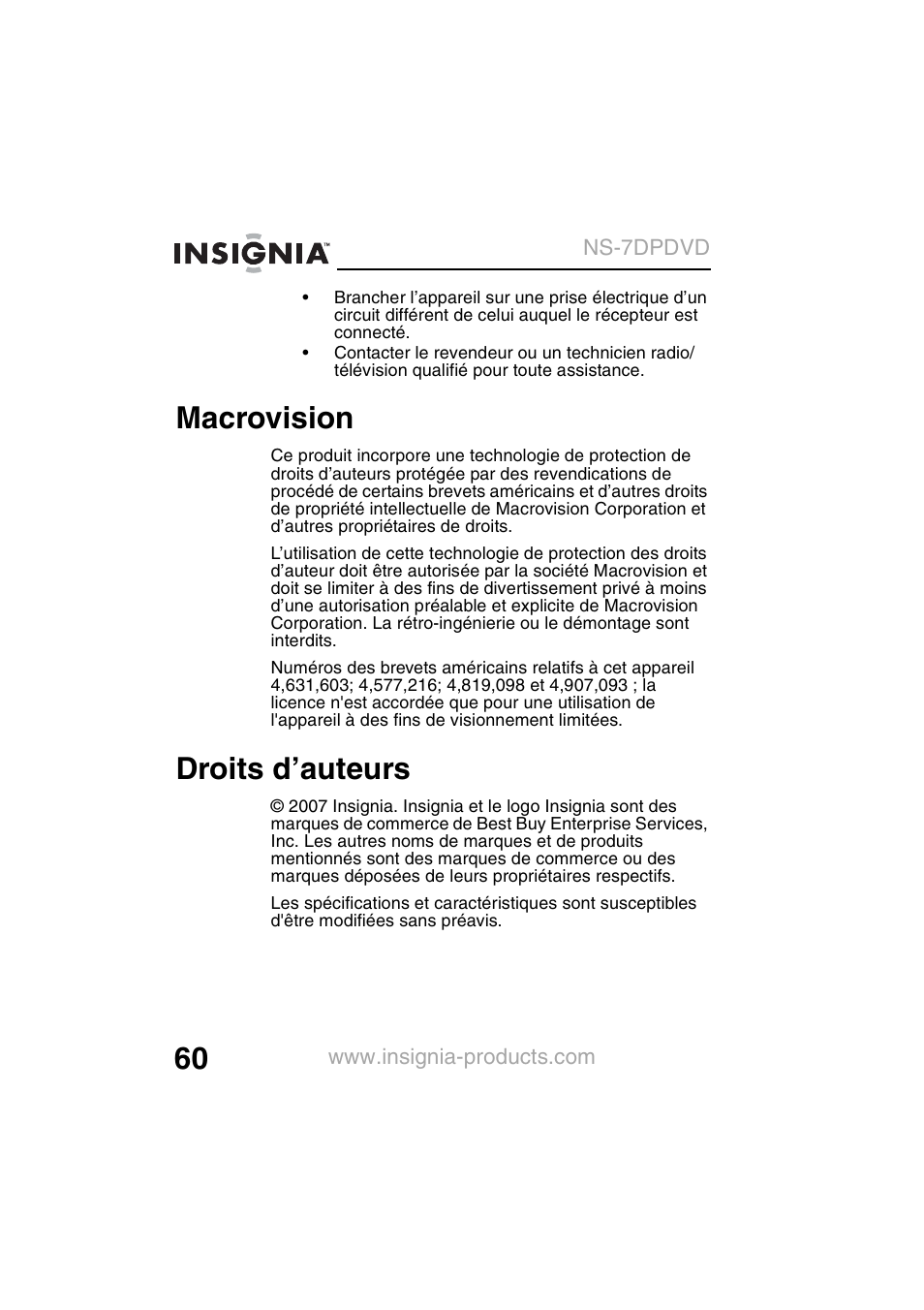 Macrovision, Droits d’auteurs | Insignia NS-7DPDVD User Manual | Page 62 / 100