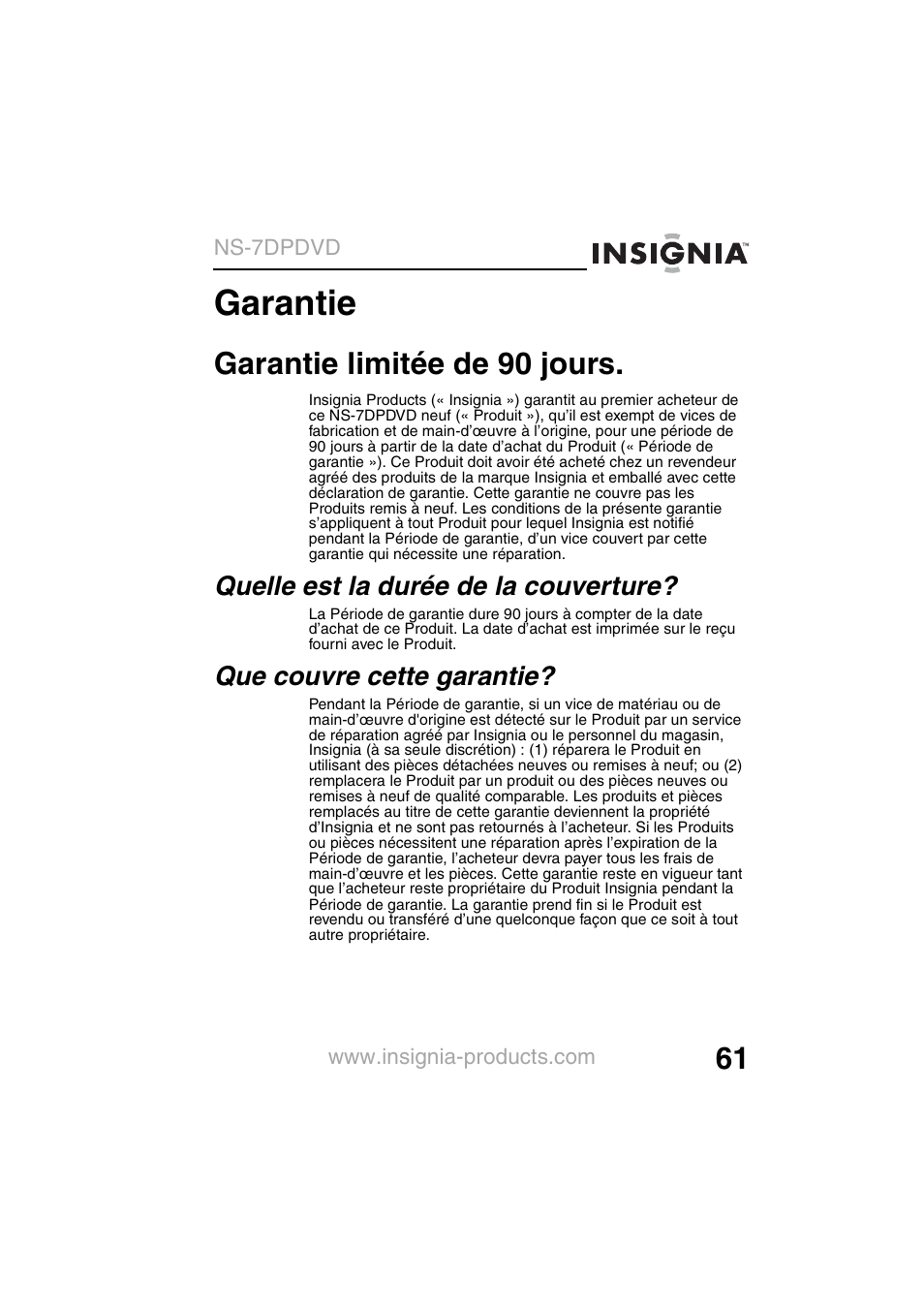 Garantie, Garantie limitée de 90 jours | Insignia NS-7DPDVD User Manual | Page 63 / 100