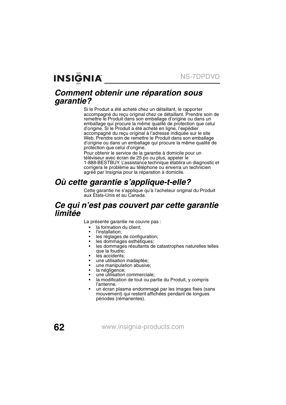 Comment obtenir une réparation sous garantie, Où cette garantie s’applique-t-elle | Insignia NS-7DPDVD User Manual | Page 64 / 100