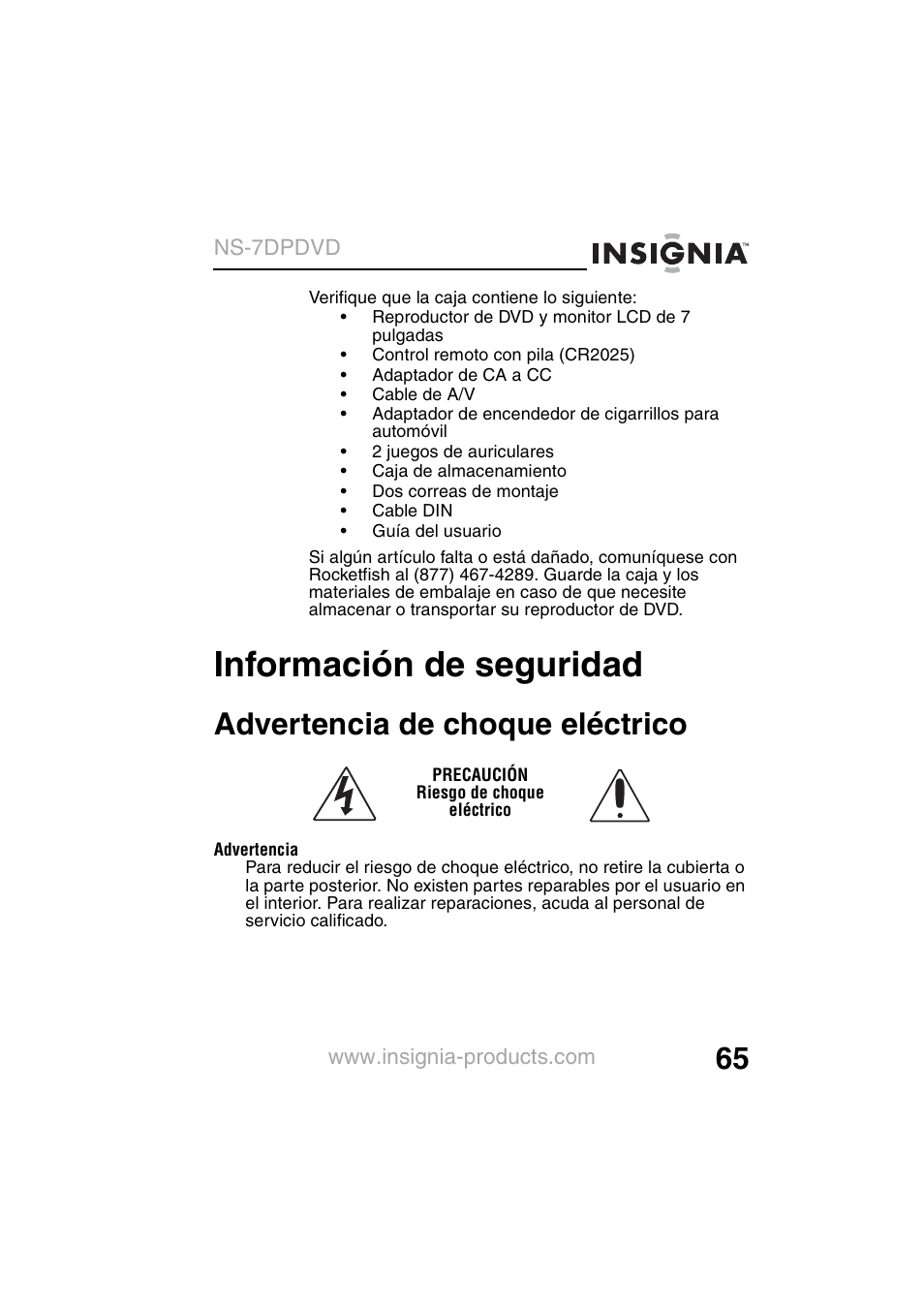 Información de seguridad, Advertencia de choque eléctrico | Insignia NS-7DPDVD User Manual | Page 67 / 100