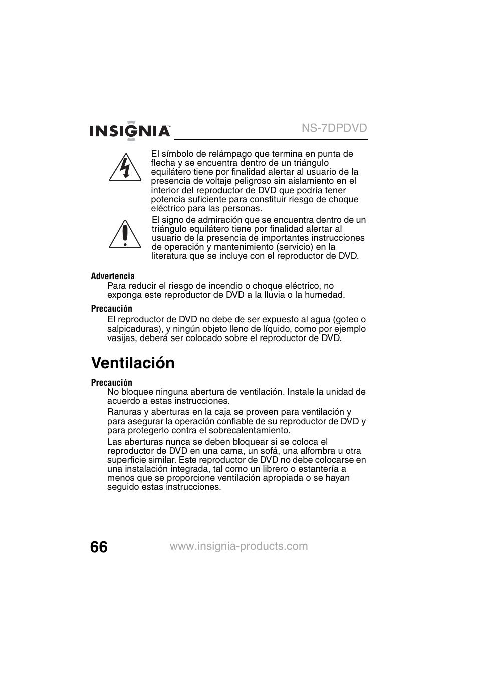 Ventilación | Insignia NS-7DPDVD User Manual | Page 68 / 100