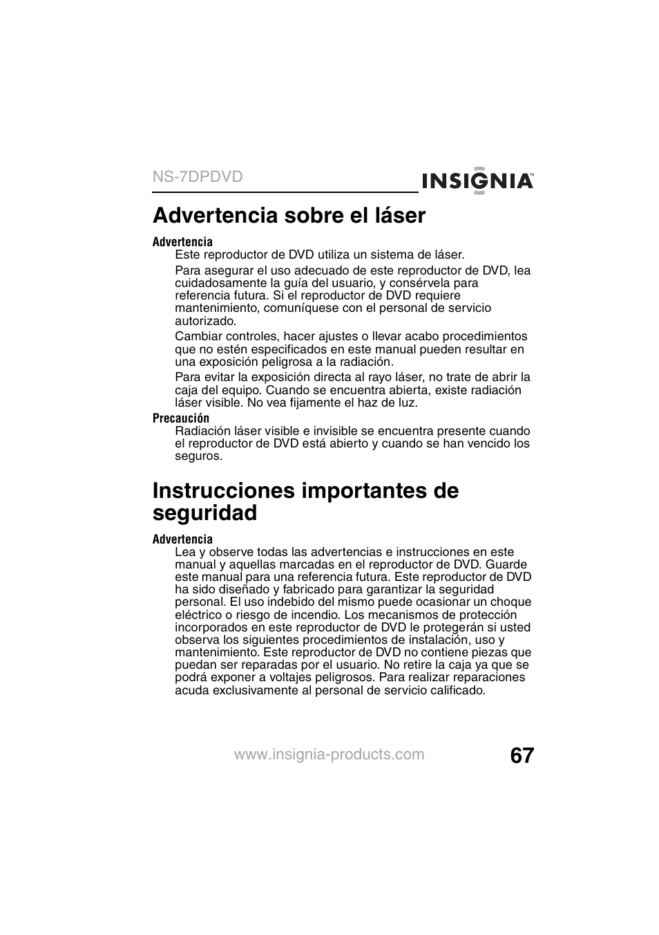 Advertencia sobre el láser, Instrucciones importantes de seguridad | Insignia NS-7DPDVD User Manual | Page 69 / 100