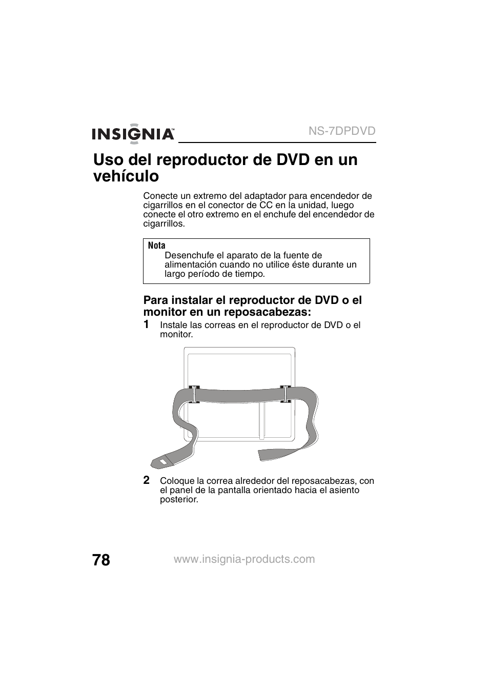 Uso del reproductor de dvd en un vehículo | Insignia NS-7DPDVD User Manual | Page 80 / 100