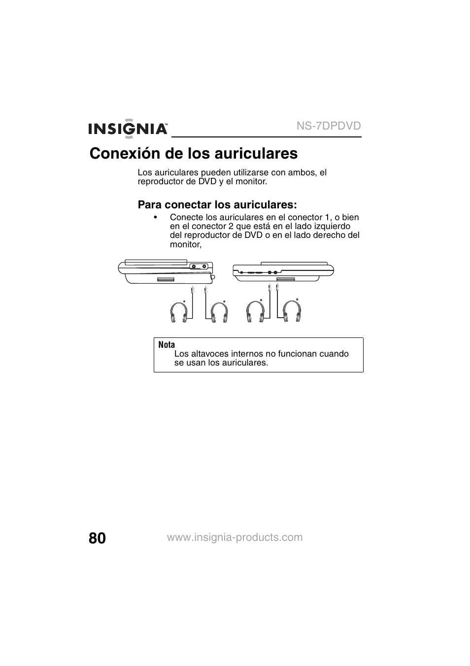 Conexión de los auriculares | Insignia NS-7DPDVD User Manual | Page 82 / 100