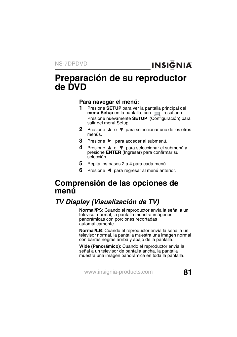 Preparación de su reproductor de dvd, Comprensión de las opciones de menú, Tv display (visualización de tv) | Insignia NS-7DPDVD User Manual | Page 83 / 100