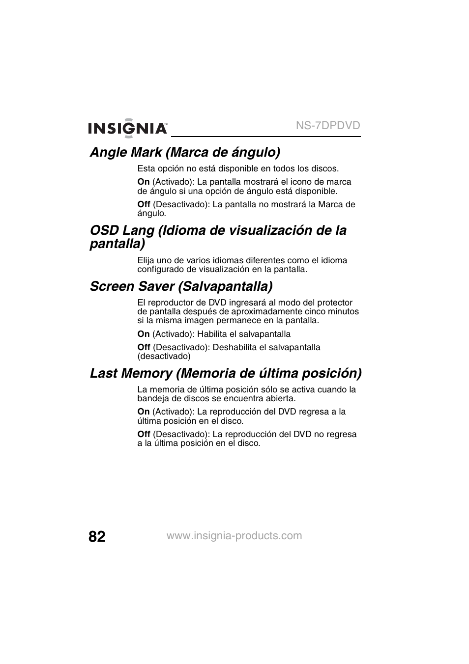 Angle mark (marca de ángulo), Osd lang (idioma de visualización de la pantalla), Screen saver (salvapantalla) | Insignia NS-7DPDVD User Manual | Page 84 / 100