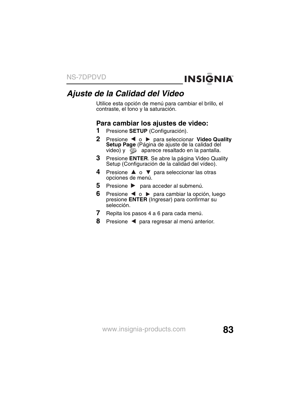 Ajuste de la calidad del video | Insignia NS-7DPDVD User Manual | Page 85 / 100