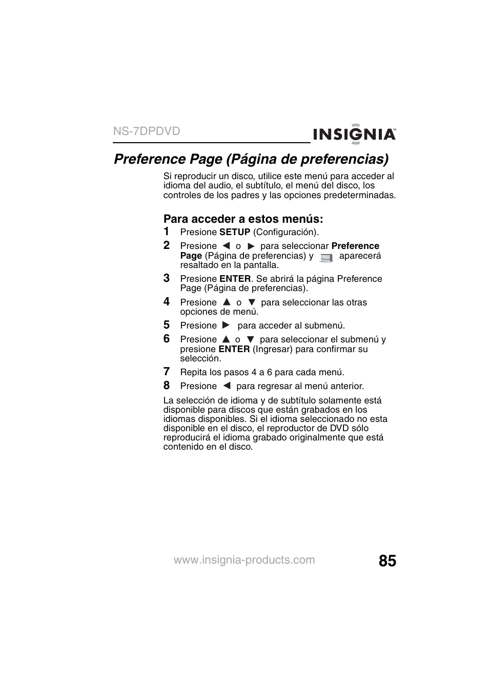 Preference page (página de preferencias) | Insignia NS-7DPDVD User Manual | Page 87 / 100