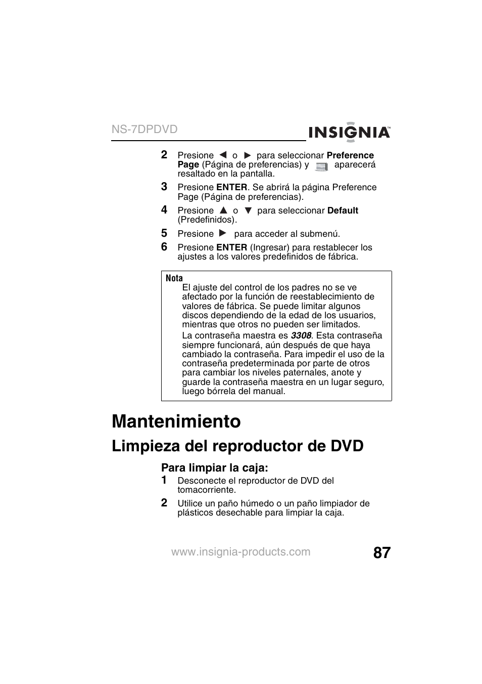 Mantenimiento, Limpieza del reproductor de dvd | Insignia NS-7DPDVD User Manual | Page 89 / 100