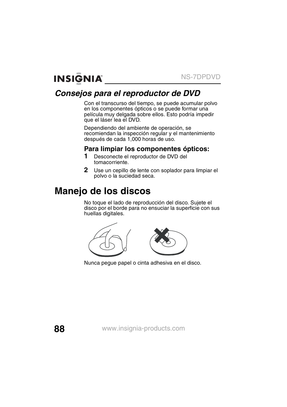 Manejo de los discos, Consejos para el reproductor de dvd | Insignia NS-7DPDVD User Manual | Page 90 / 100