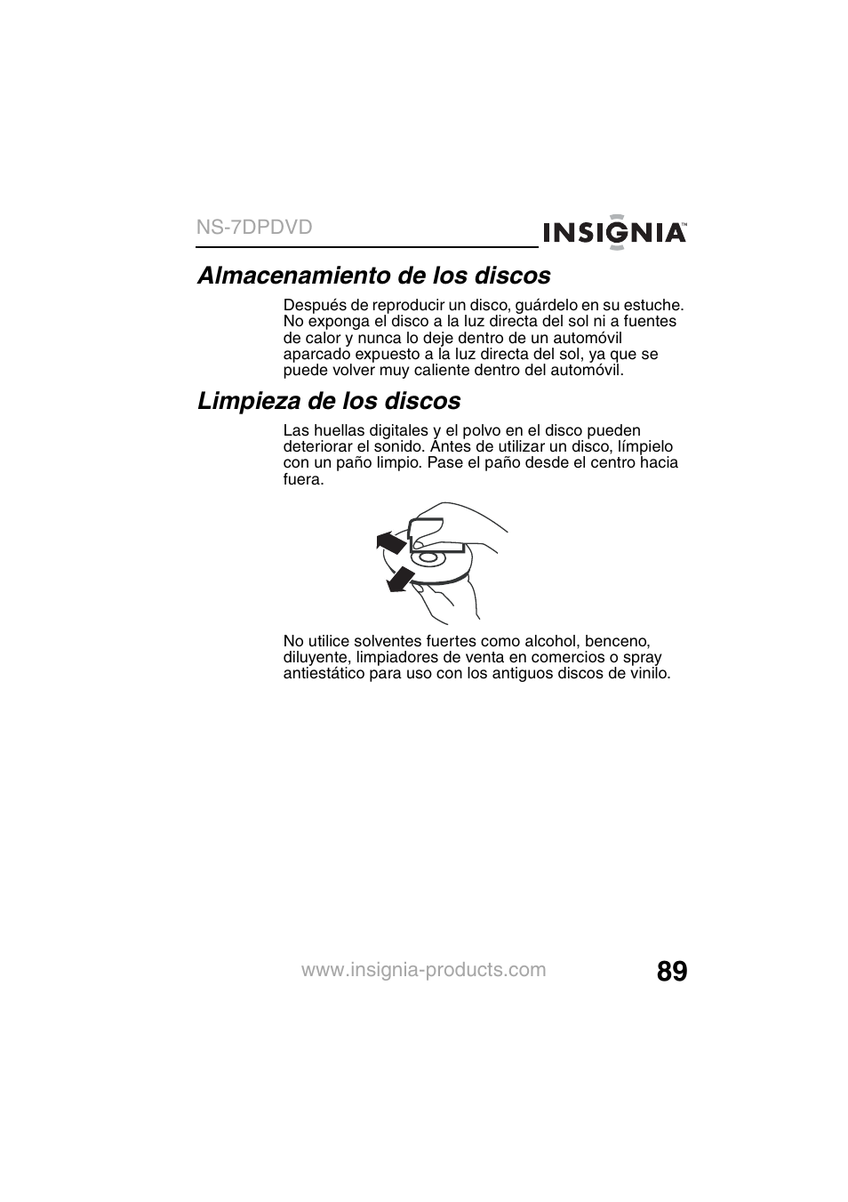 Almacenamiento de los discos, Limpieza de los discos | Insignia NS-7DPDVD User Manual | Page 91 / 100