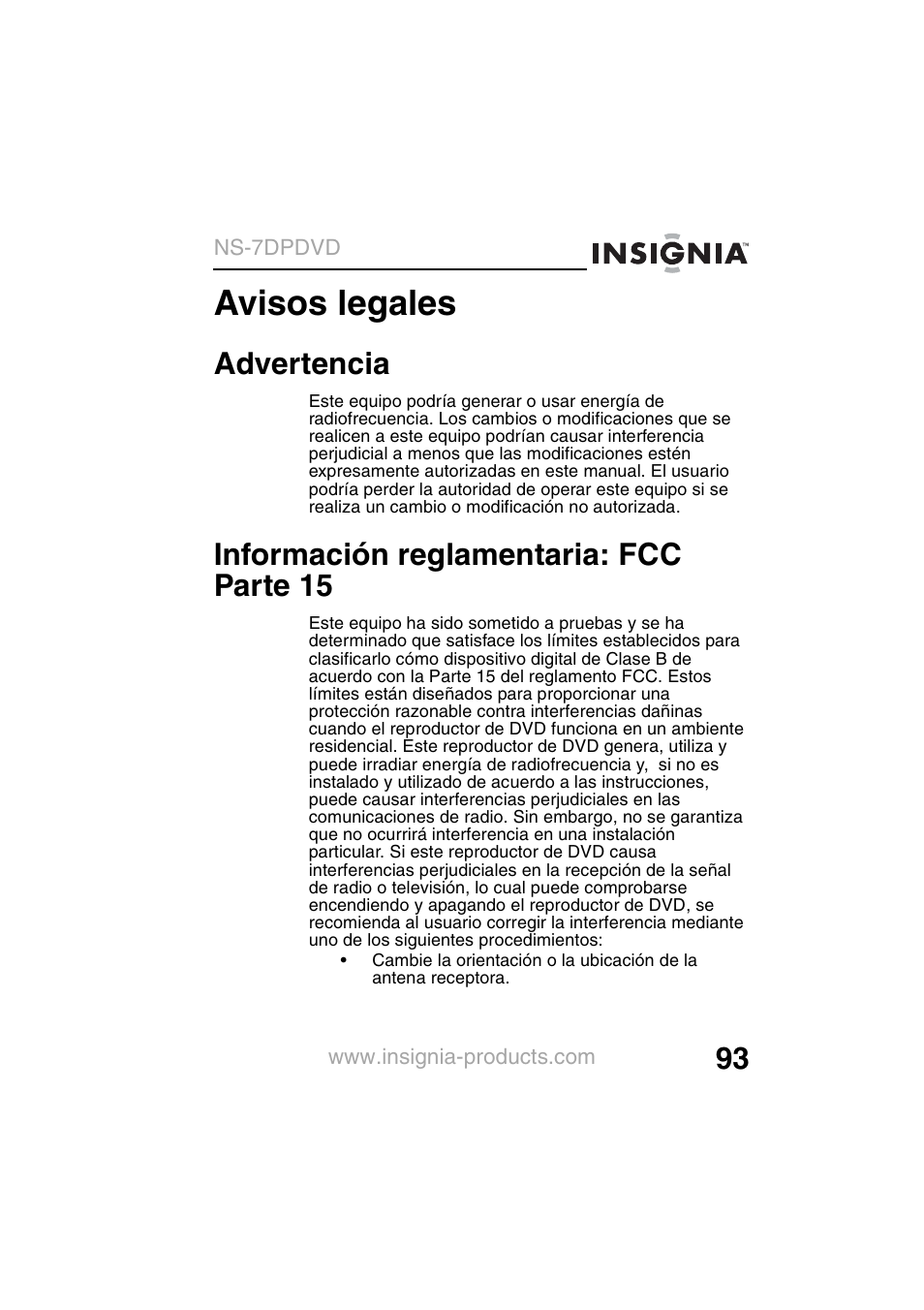 Avisos legales, Advertencia, Información reglamentaria: fcc parte 15 | Insignia NS-7DPDVD User Manual | Page 95 / 100