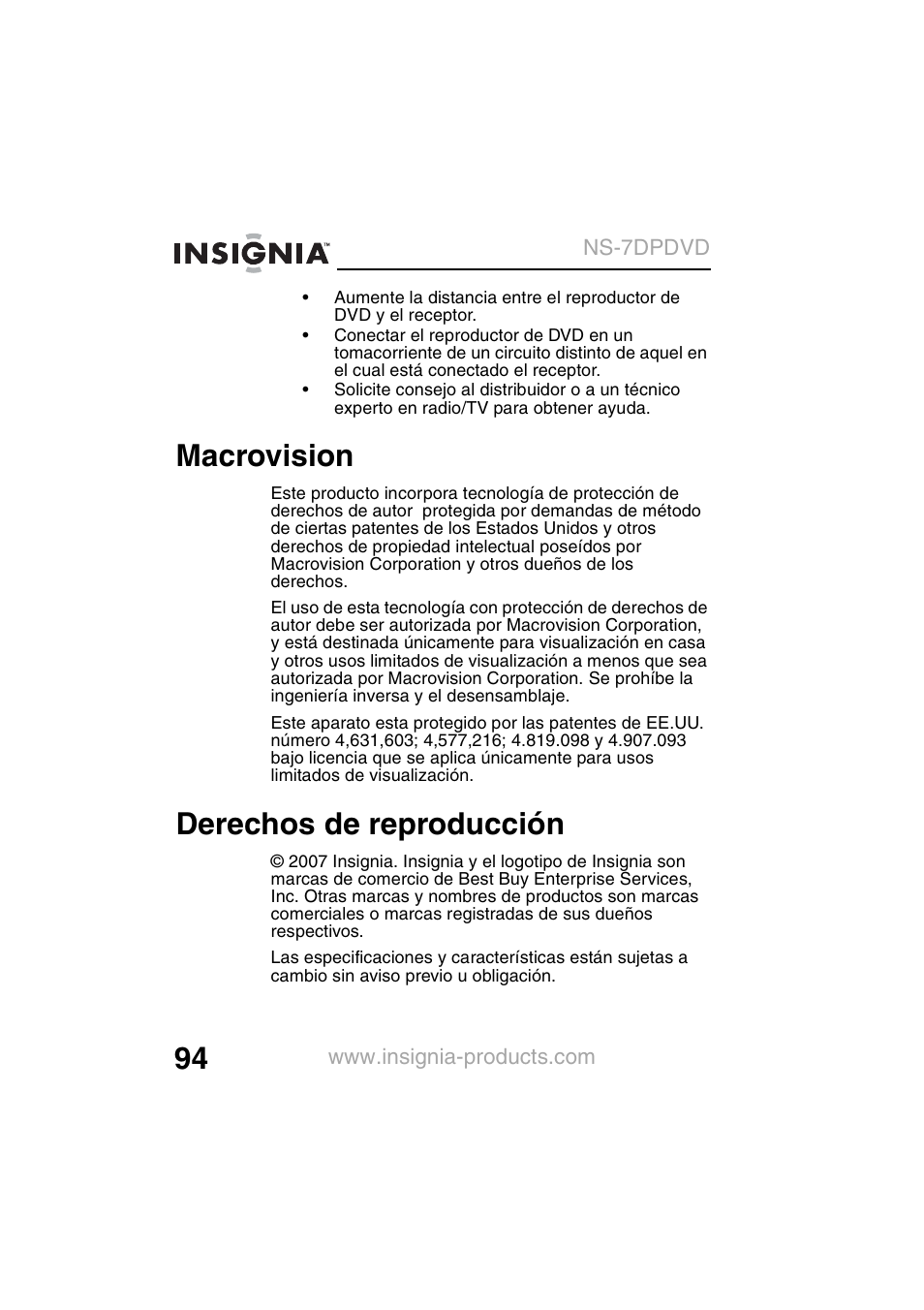 Macrovision, Derechos de reproducción | Insignia NS-7DPDVD User Manual | Page 96 / 100