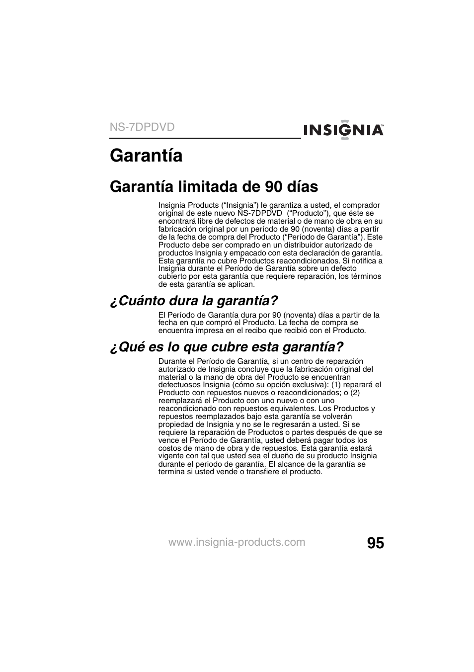 Garantía, Garantía limitada de 90 días | Insignia NS-7DPDVD User Manual | Page 97 / 100