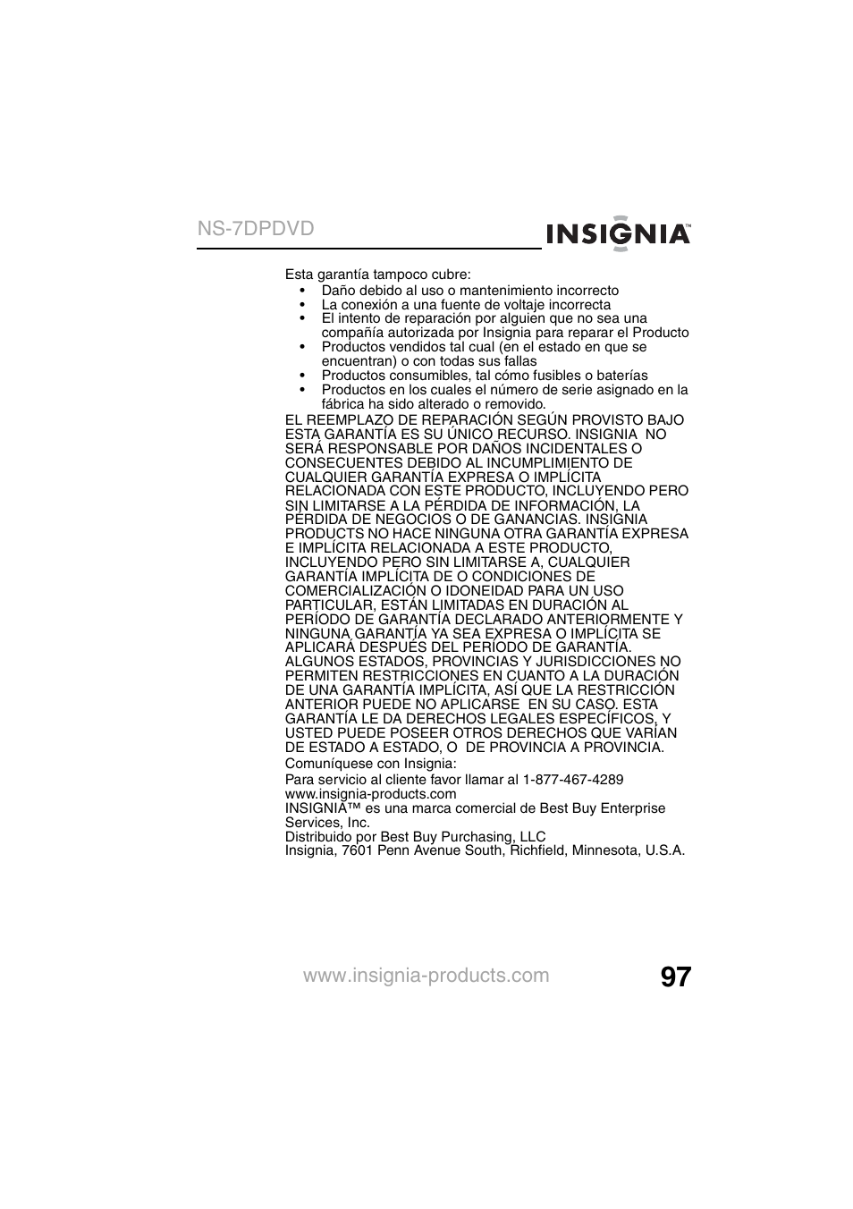 Ns-7dpdvd | Insignia NS-7DPDVD User Manual | Page 99 / 100