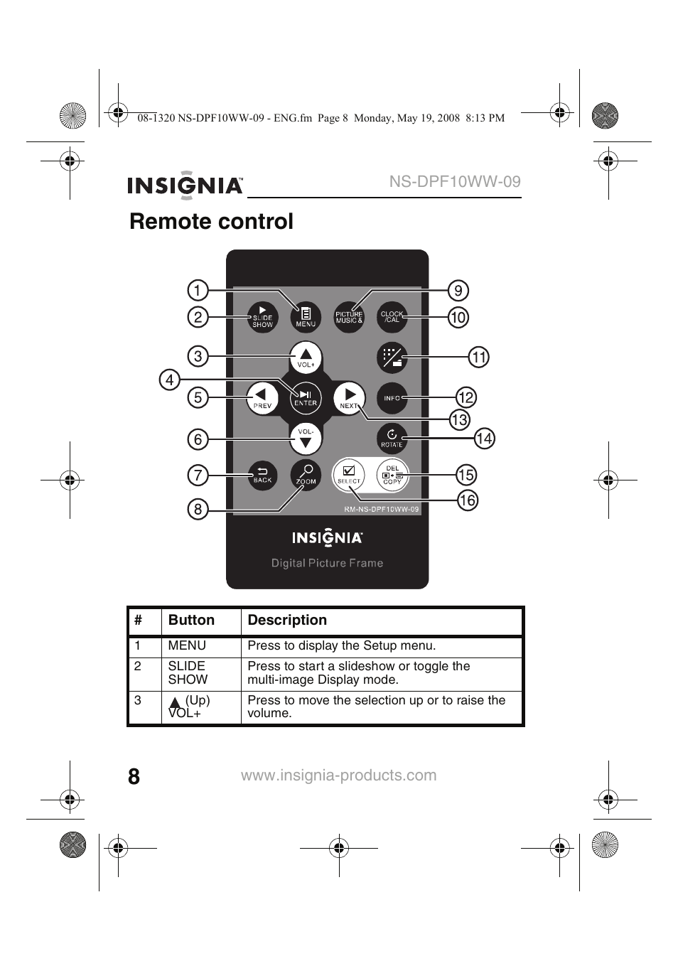 Remote control | Insignia NS-DPF10WW-09CA User Manual | Page 10 / 48