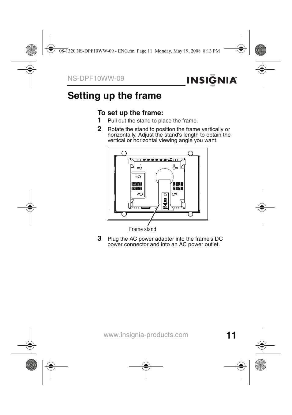 Setting up the frame | Insignia NS-DPF10WW-09CA User Manual | Page 13 / 48