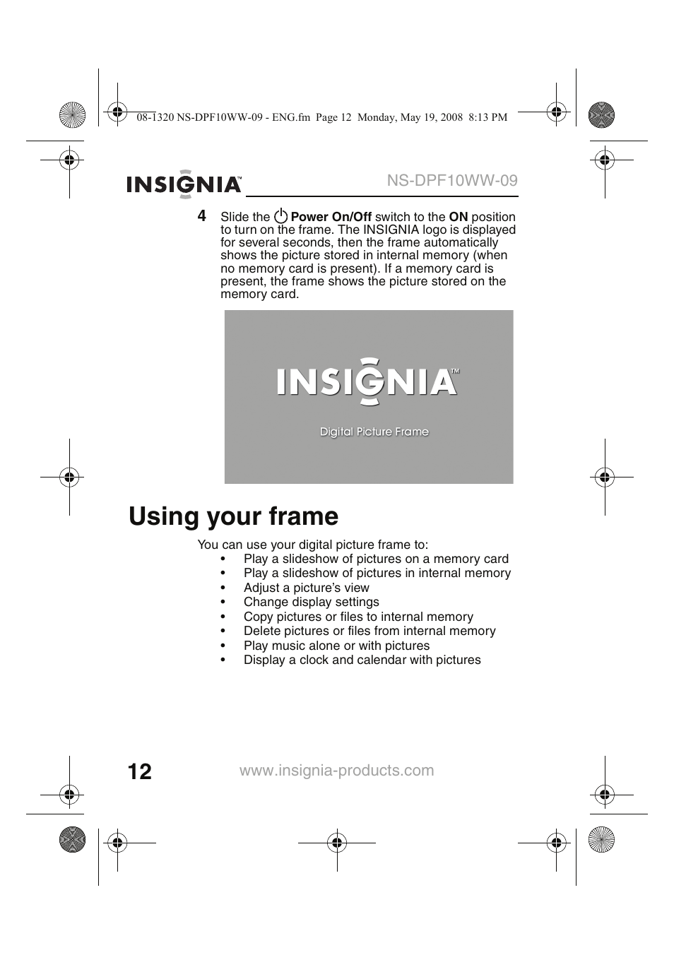 Using your frame | Insignia NS-DPF10WW-09CA User Manual | Page 14 / 48