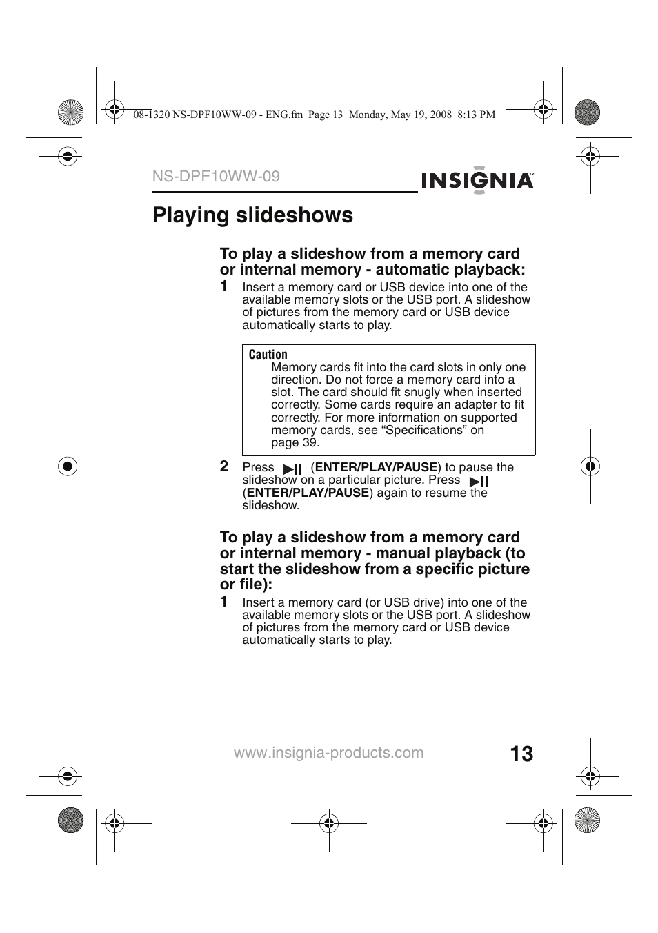 Playing slideshows | Insignia NS-DPF10WW-09CA User Manual | Page 15 / 48