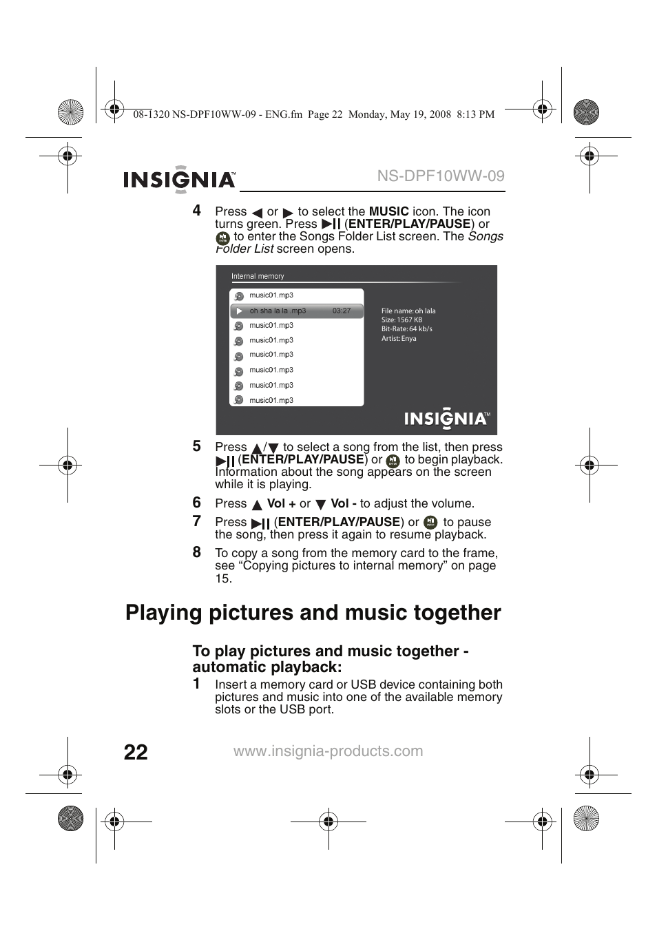 Playing pictures and music together | Insignia NS-DPF10WW-09CA User Manual | Page 24 / 48