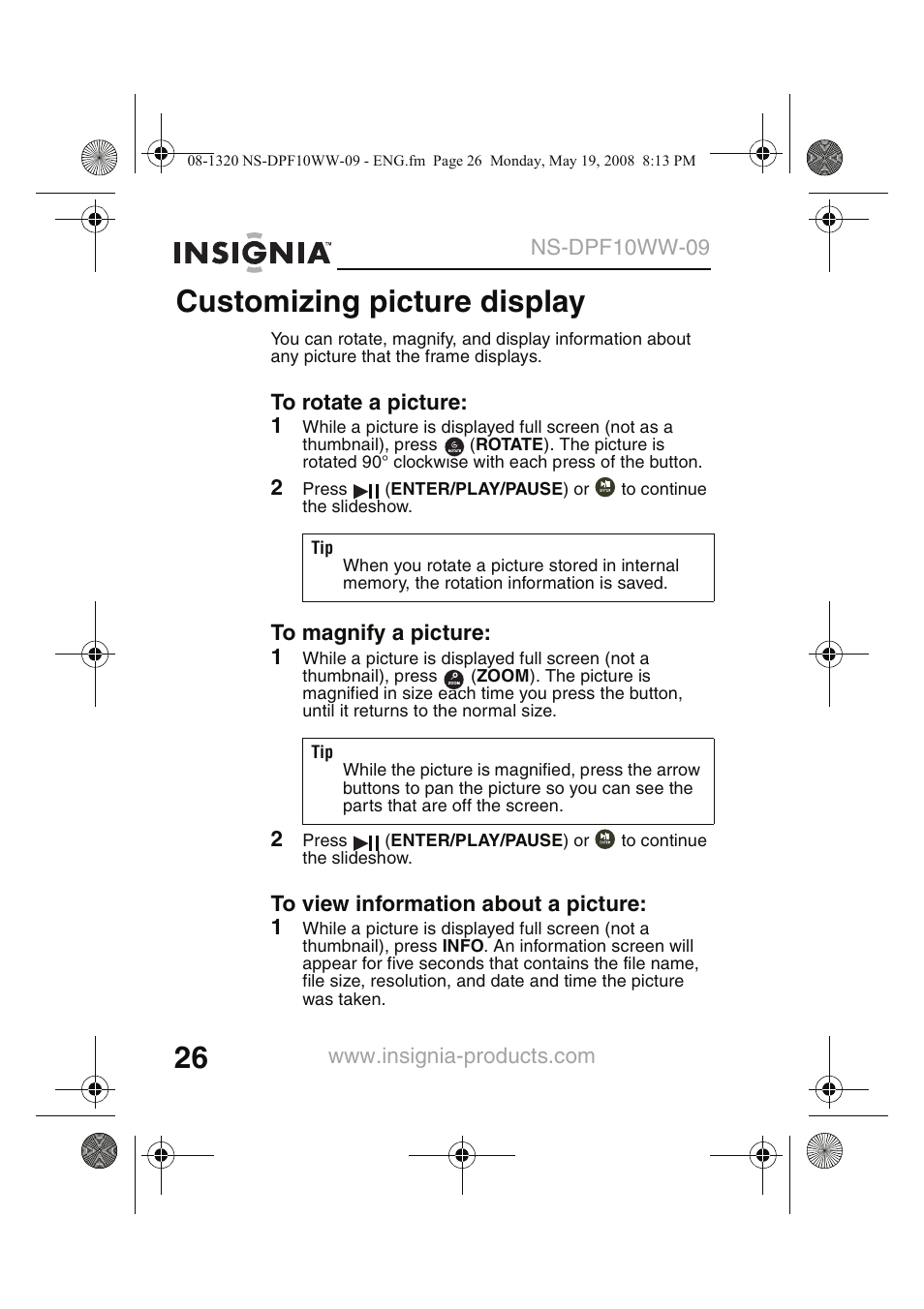 Customizing picture display | Insignia NS-DPF10WW-09CA User Manual | Page 28 / 48