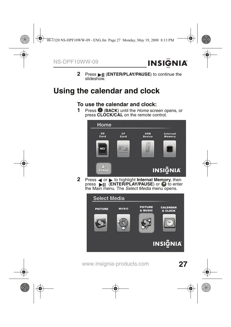 Using the calendar and clock | Insignia NS-DPF10WW-09CA User Manual | Page 29 / 48