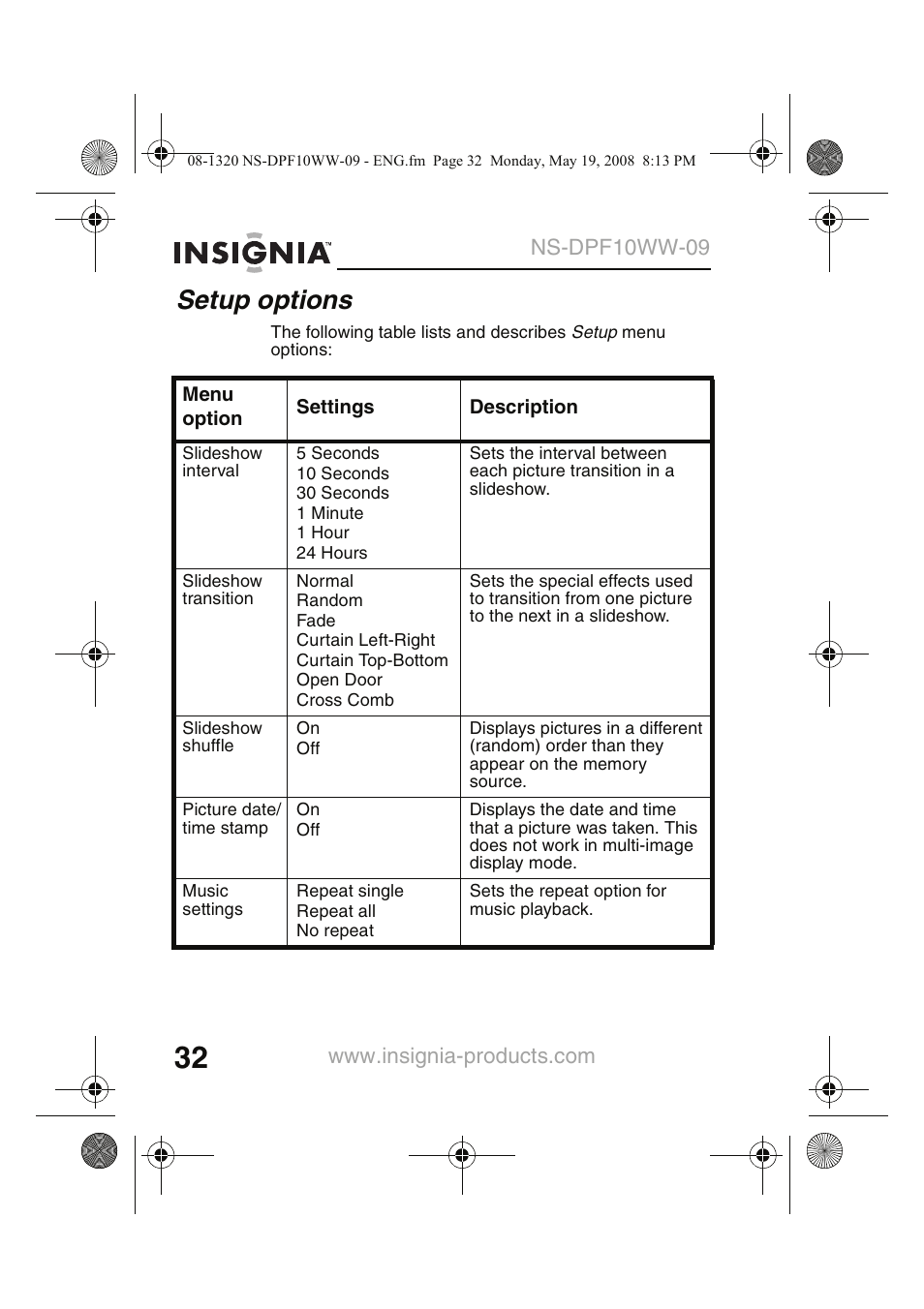 Setup options | Insignia NS-DPF10WW-09CA User Manual | Page 34 / 48