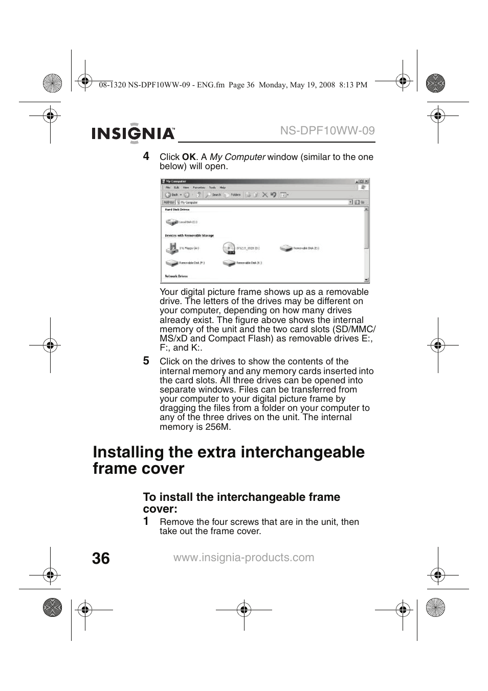 Installing the extra interchangeable frame cover | Insignia NS-DPF10WW-09CA User Manual | Page 38 / 48