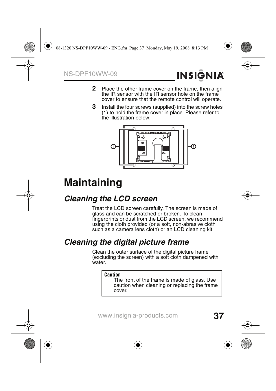 Maintaining, Cleaning the lcd screen, Cleaning the digital picture frame | Insignia NS-DPF10WW-09CA User Manual | Page 39 / 48