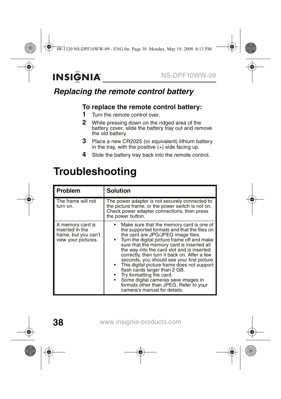 Troubleshooting, Replacing the remote control battery | Insignia NS-DPF10WW-09CA User Manual | Page 40 / 48