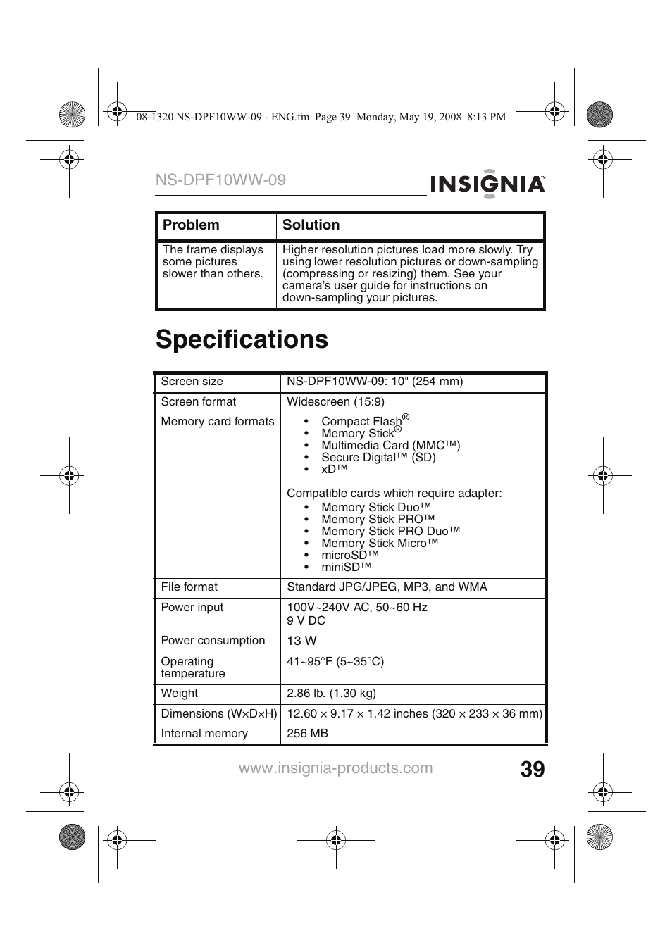 Specifications, Ns-dpf10ww-09 | Insignia NS-DPF10WW-09CA User Manual | Page 41 / 48