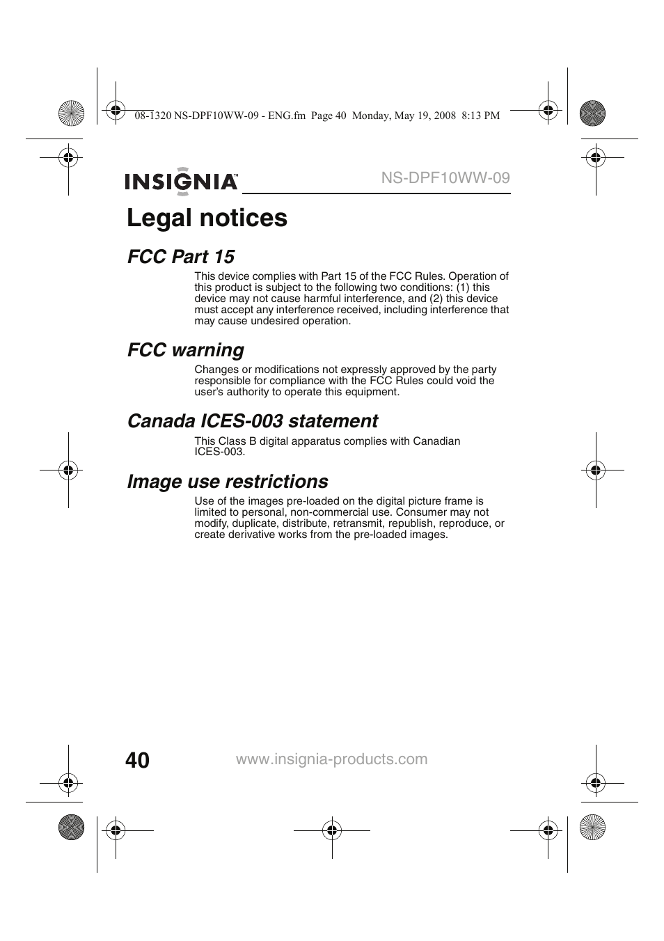 Legal notices, Fcc part 15, Fcc warning | Canada ices-003 statement, Image use restrictions | Insignia NS-DPF10WW-09CA User Manual | Page 42 / 48