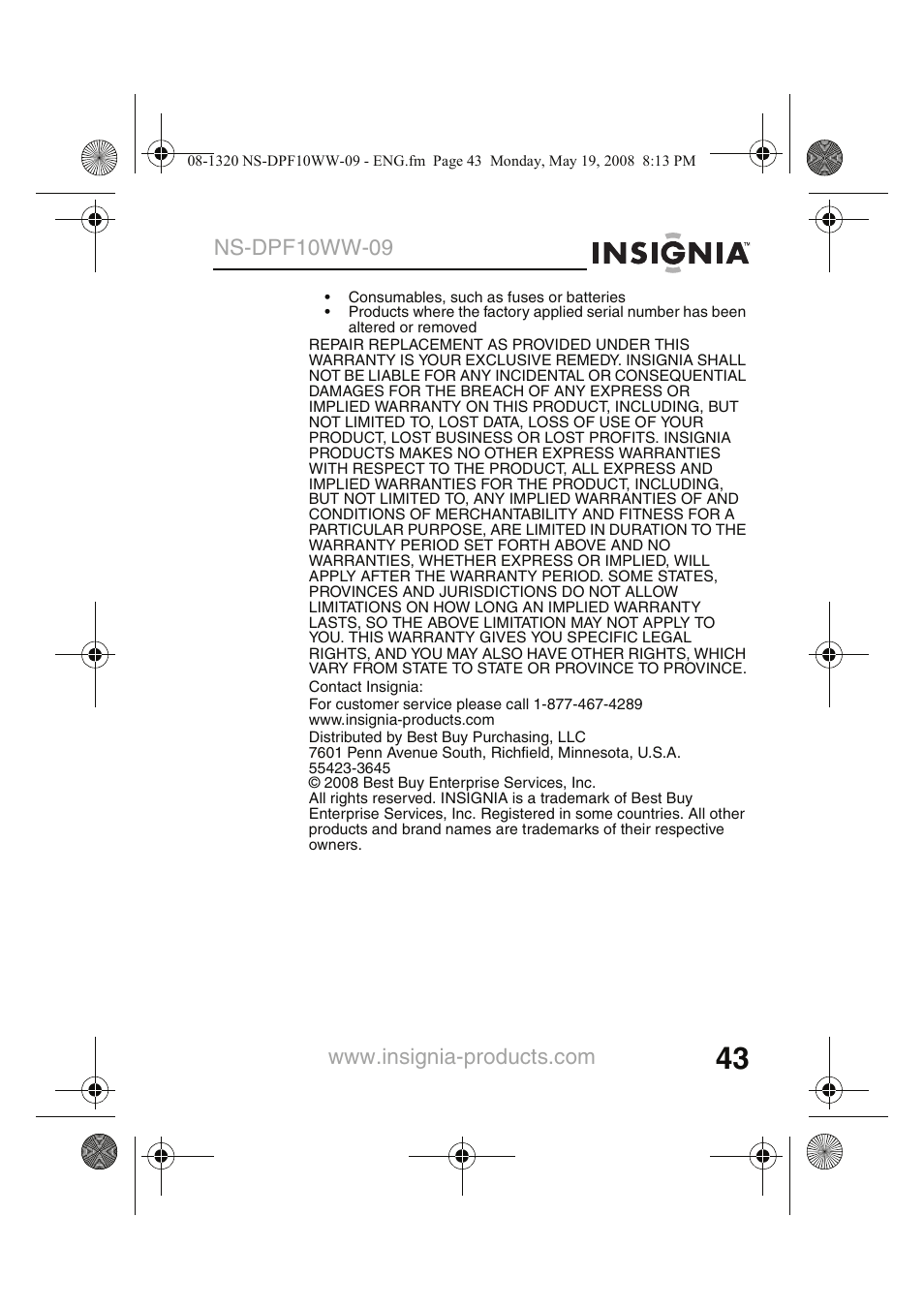 Ns-dpf10ww-09 | Insignia NS-DPF10WW-09CA User Manual | Page 45 / 48