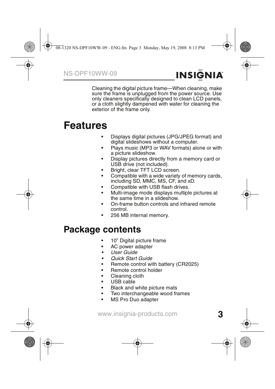 Features, Package contents, Ns-dpf10ww-09 | Insignia NS-DPF10WW-09CA User Manual | Page 5 / 48