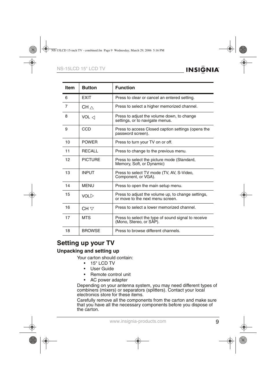 Setting up your tv | Insignia NS-15LCD User Manual | Page 10 / 90