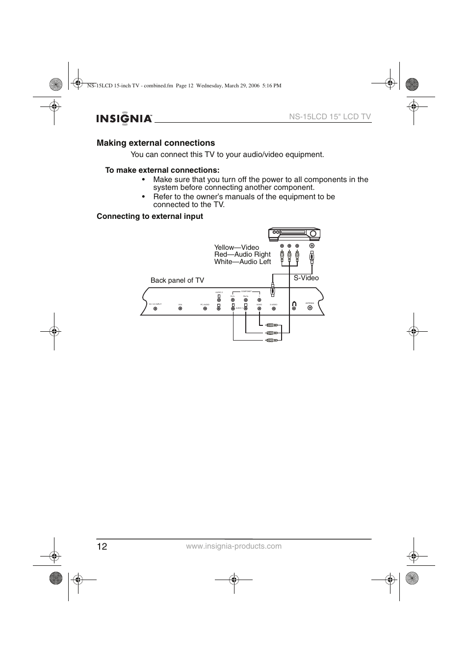 Making external connections | Insignia NS-15LCD User Manual | Page 13 / 90