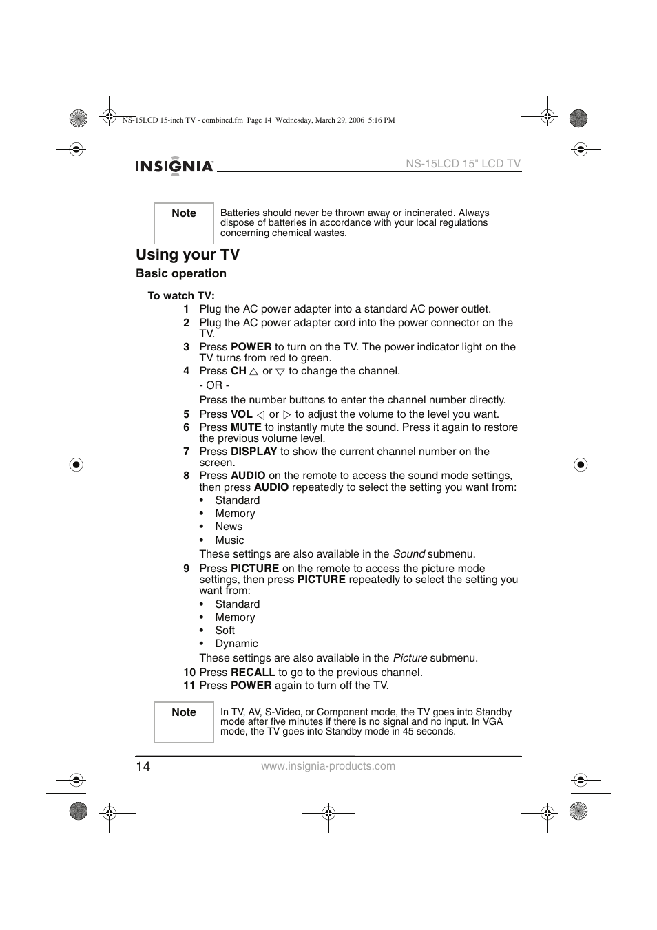 Using your tv | Insignia NS-15LCD User Manual | Page 15 / 90