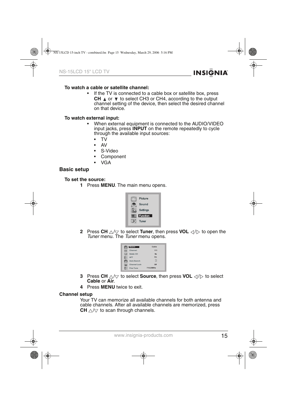 Basic setup | Insignia NS-15LCD User Manual | Page 16 / 90