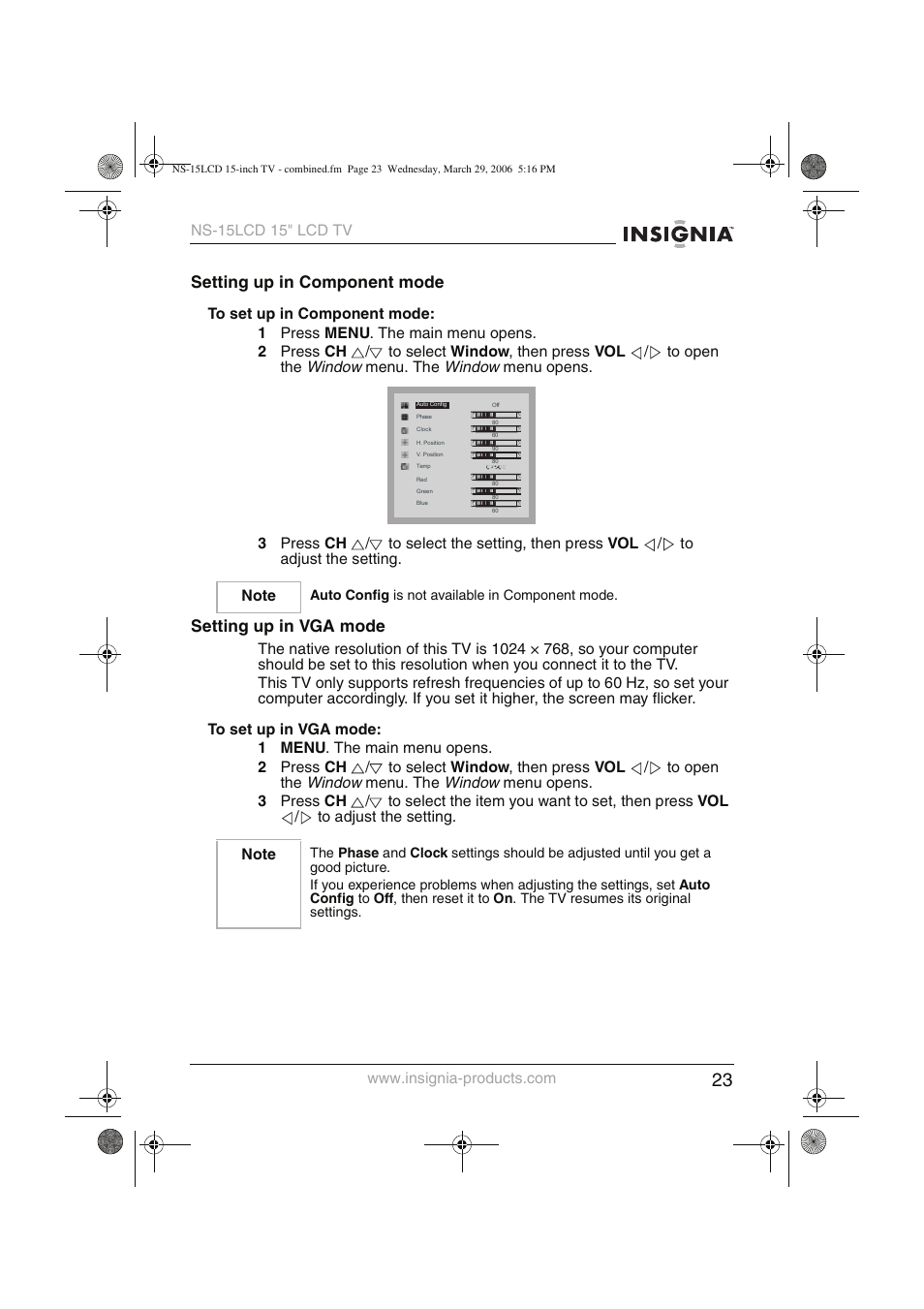 Setting up in component mode, Setting up in vga mode, Window | Insignia NS-15LCD User Manual | Page 24 / 90