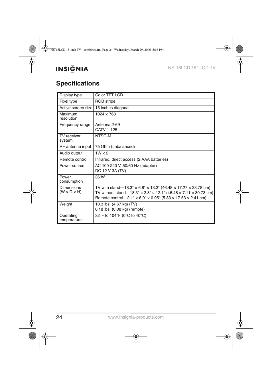 Specifications | Insignia NS-15LCD User Manual | Page 25 / 90