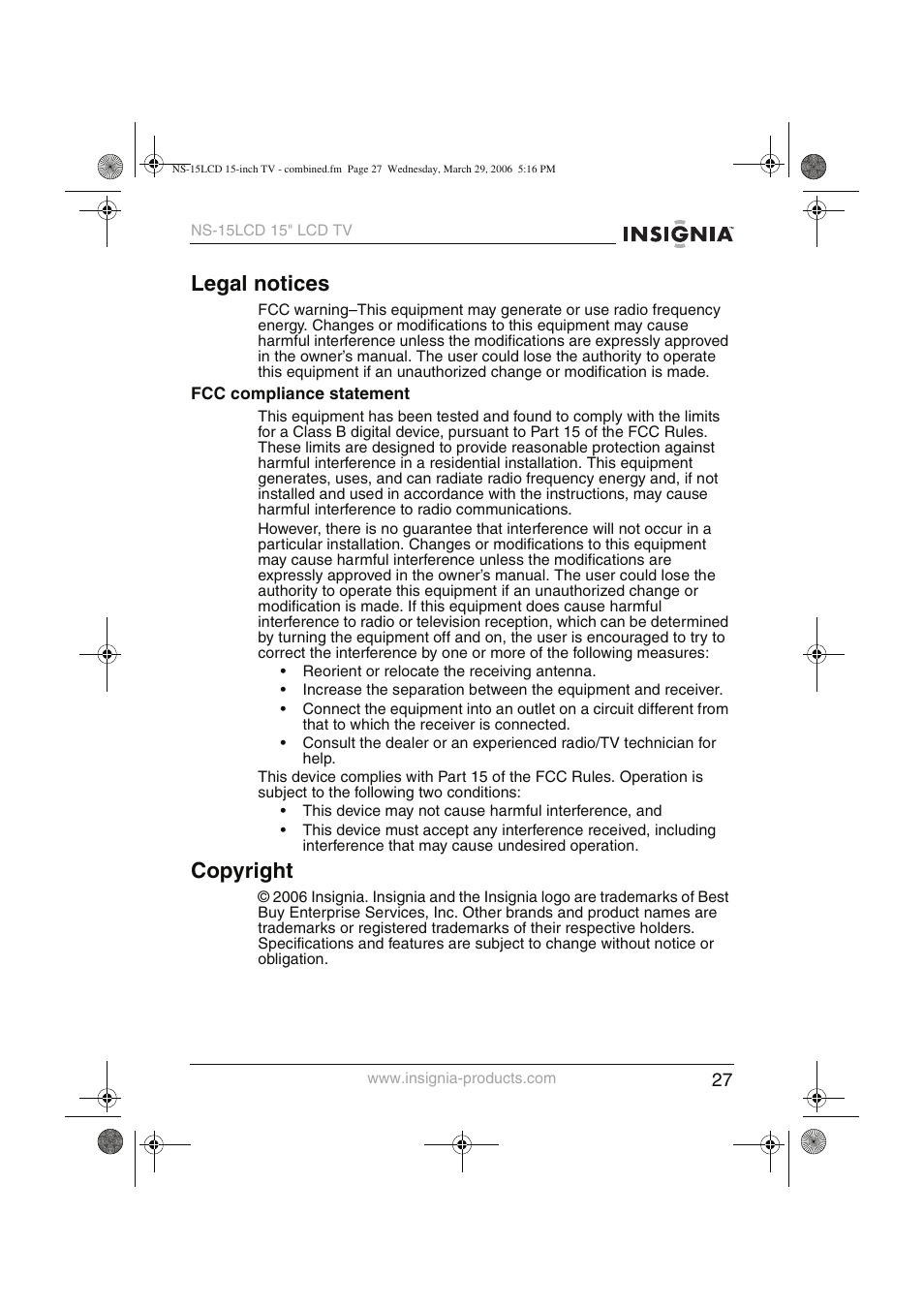 Legal notices, Copyright | Insignia NS-15LCD User Manual | Page 28 / 90