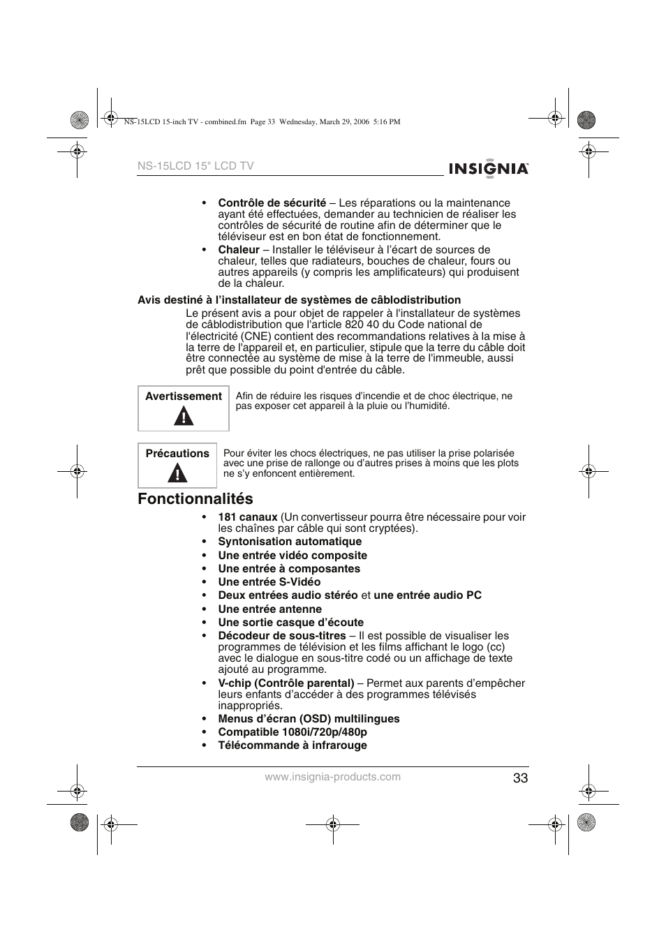 Fonctionnalités | Insignia NS-15LCD User Manual | Page 34 / 90
