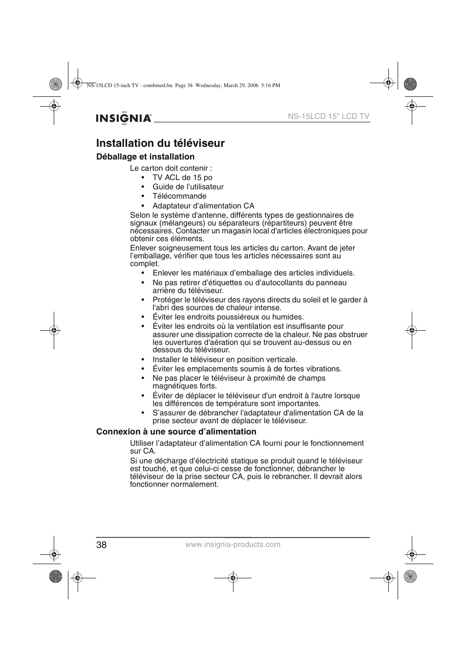 Installation du téléviseur | Insignia NS-15LCD User Manual | Page 39 / 90