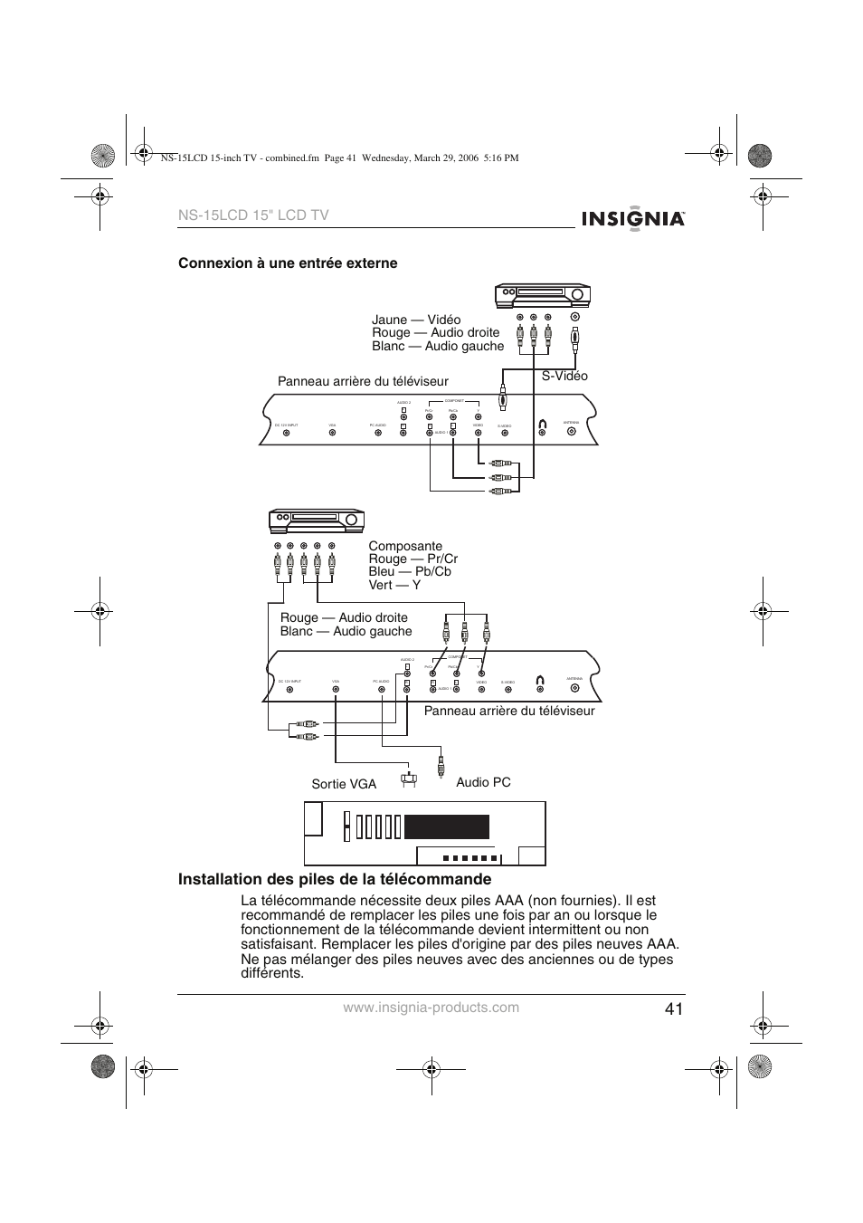 Installation des piles de la télécommande | Insignia NS-15LCD User Manual | Page 42 / 90