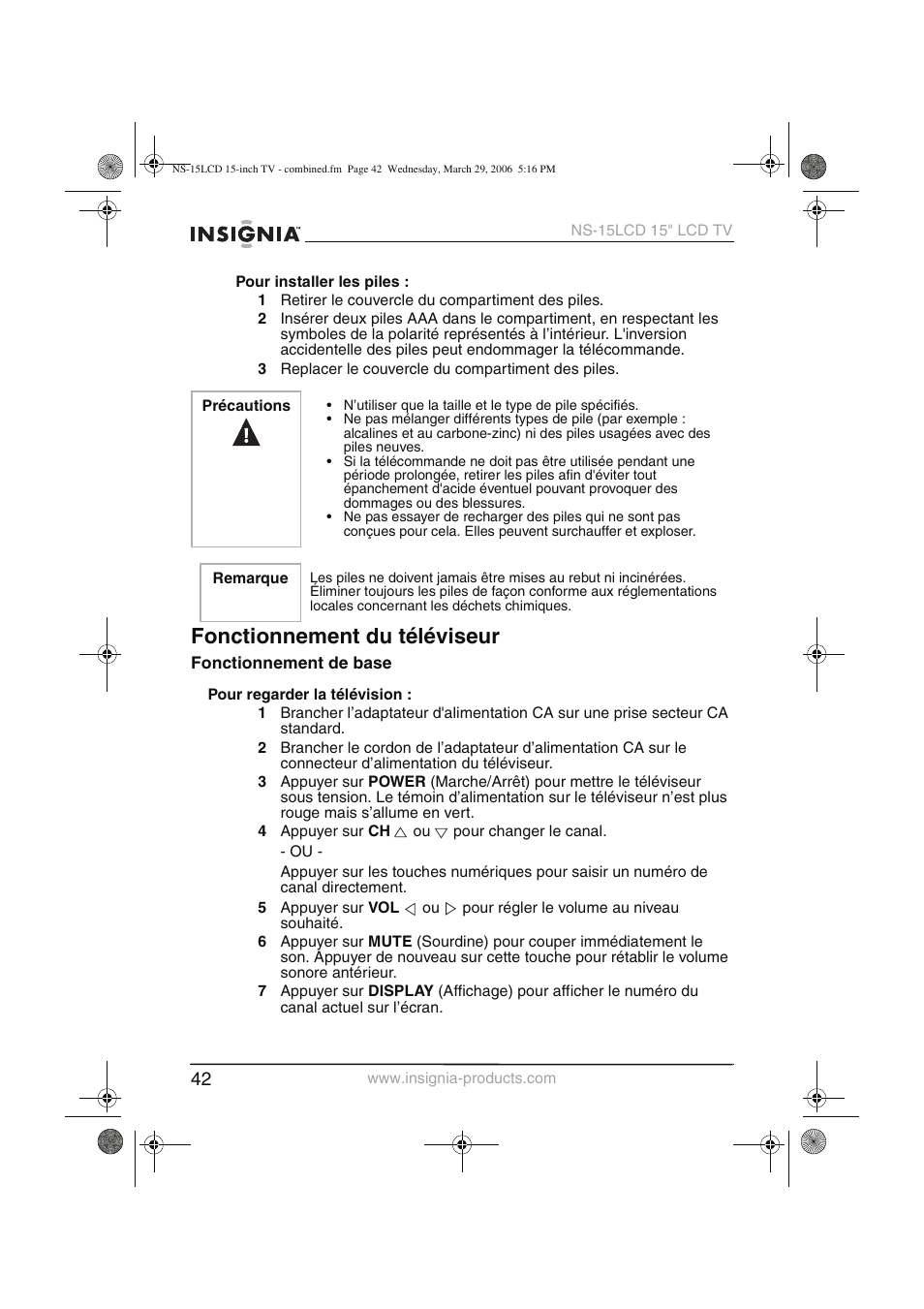 Fonctionnement du téléviseur | Insignia NS-15LCD User Manual | Page 43 / 90